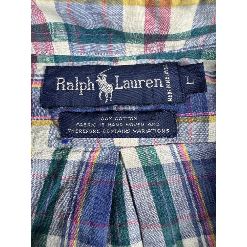 Ralph Lauren Button Down Shirt Mens L Blue Plaid Short Sleeve Hand Woven Cotton - Picture 3 of 9